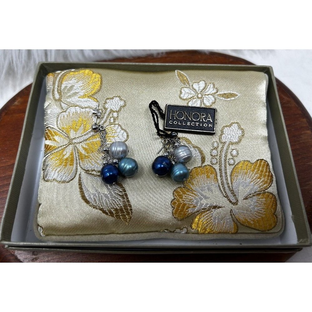 Honora Sterling Silver Pearl Triple Strand Drop Earrings  7-8mm Blue Green Gray